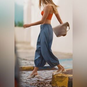 Anthropologie Blue Wide-Leg Cropped Pants with Elastic Hem